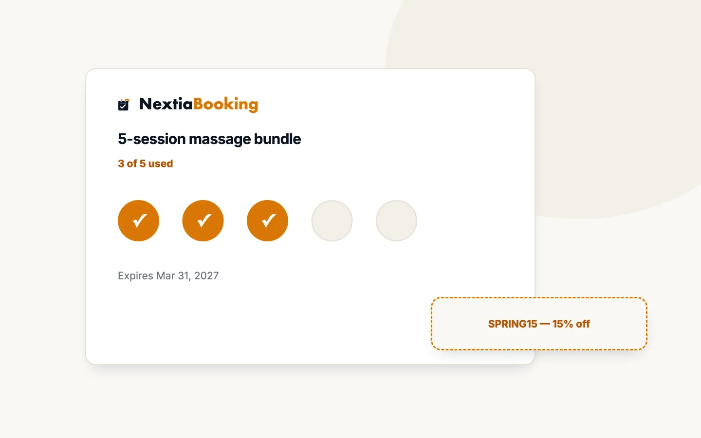 Illustration: a five-session bundle card with three sessions used