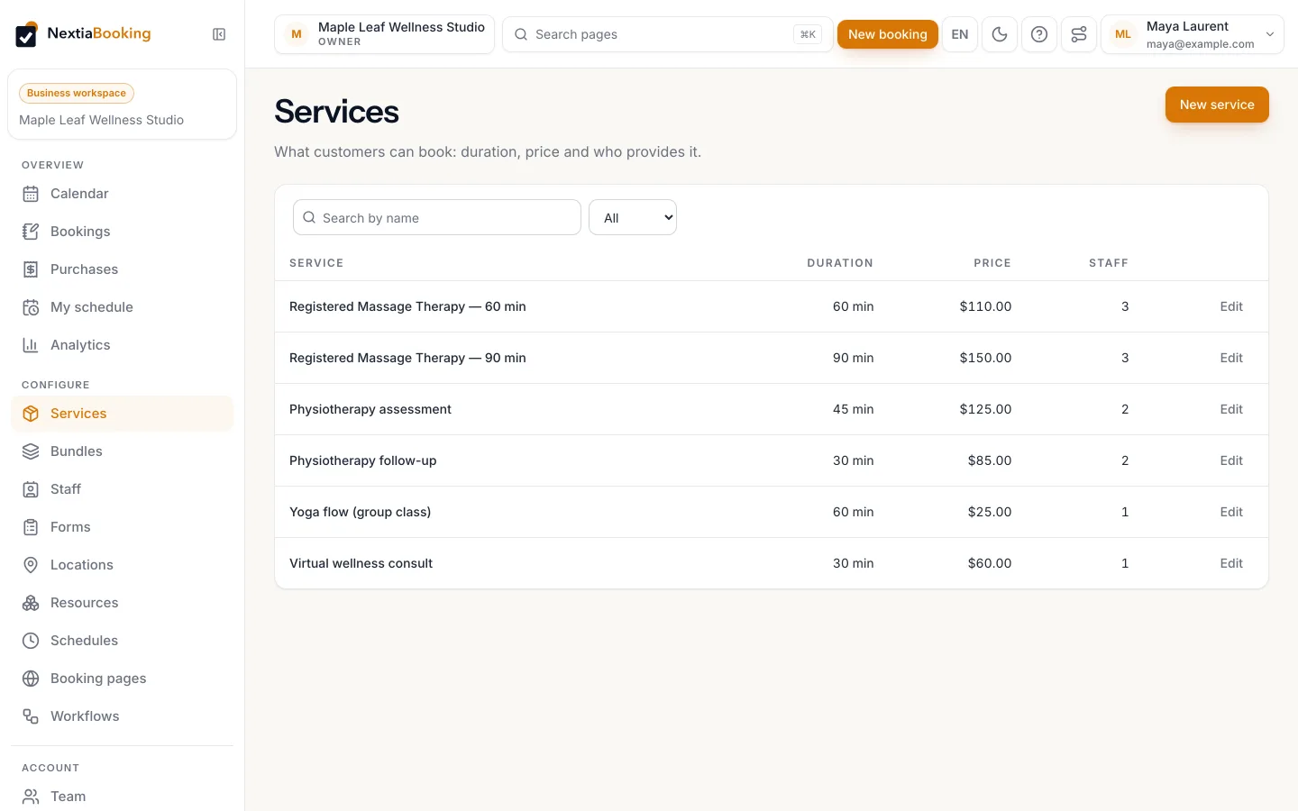 NextiaBooking services list with durations, prices and assigned staff