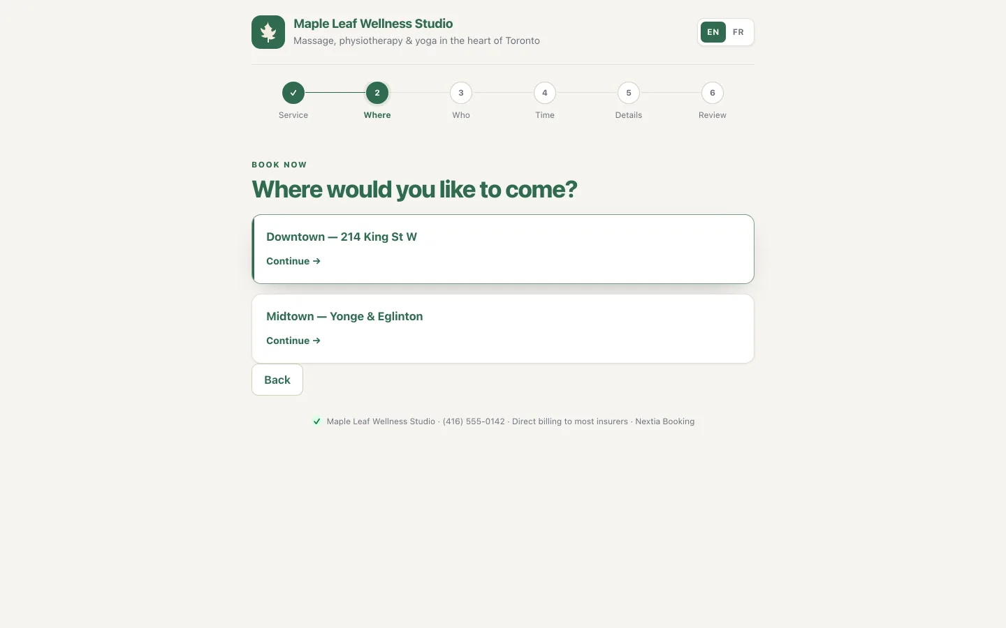 Booking step asking where the client would like to come, with Downtown and Midtown locations