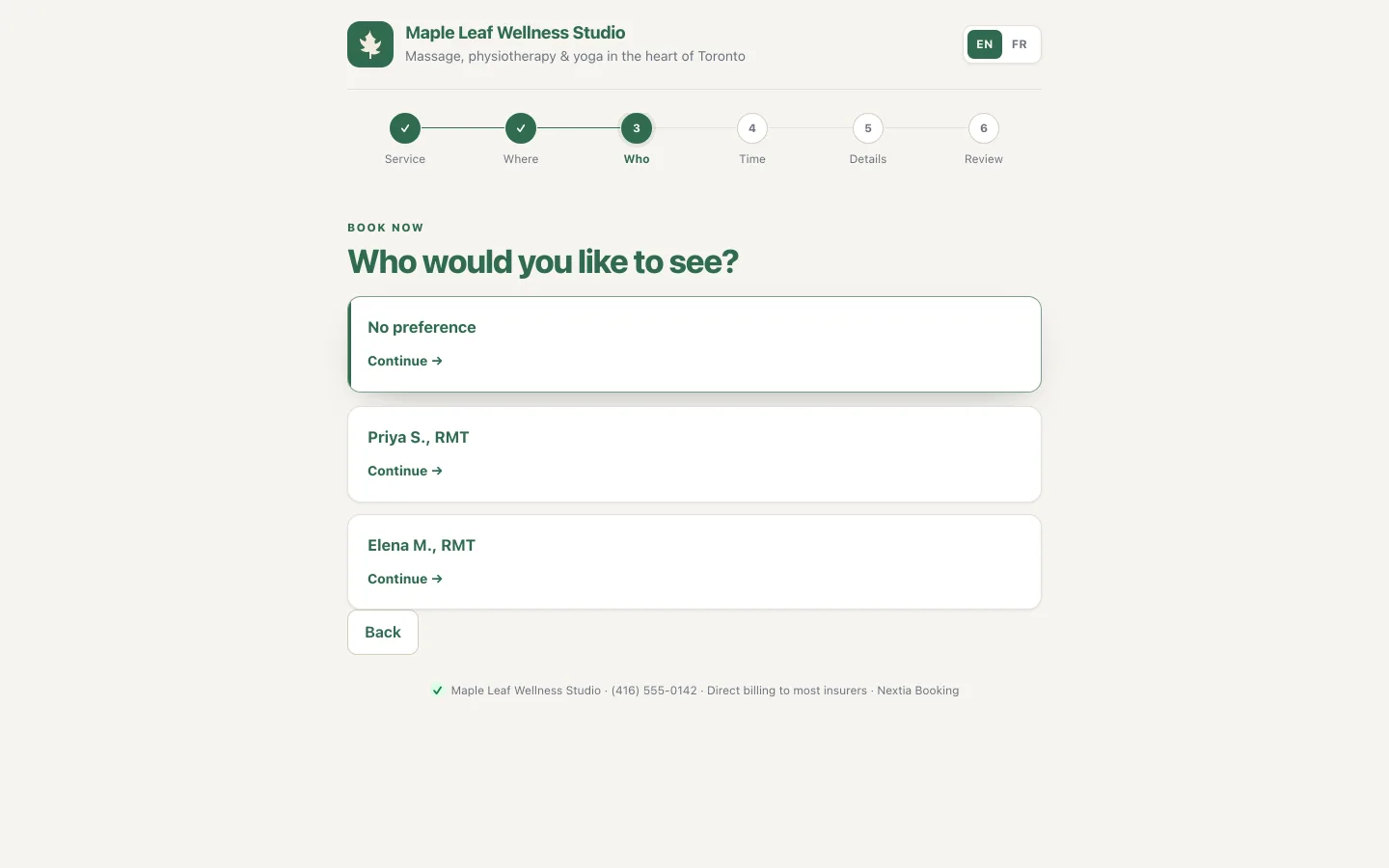 Booking step asking the client who they would like to see, with a no-preference option