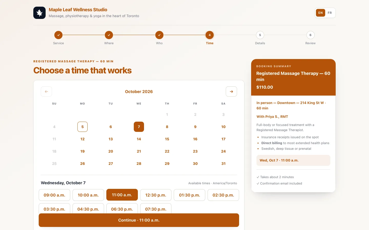 A NextiaBooking page on desktop showing a month calendar of open times and a booking summary