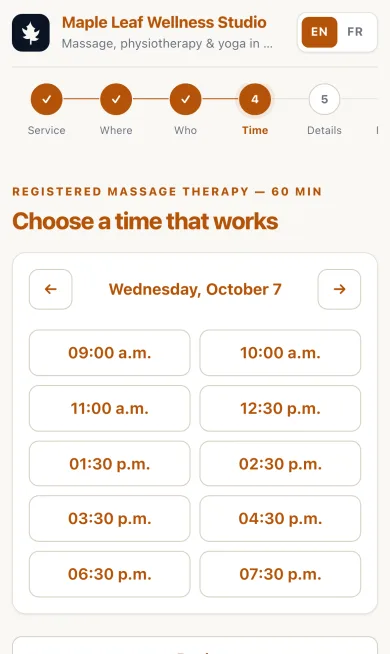The same booking page on a phone, showing available times for the chosen day