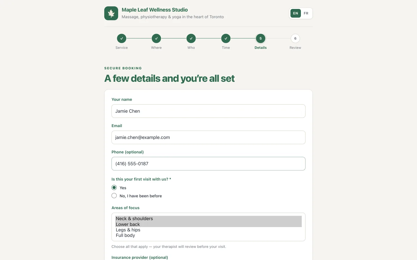 Booking form with contact details and custom questions such as first visit and areas of focus