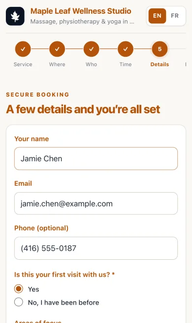 Booking step on a phone: Answer a few questions