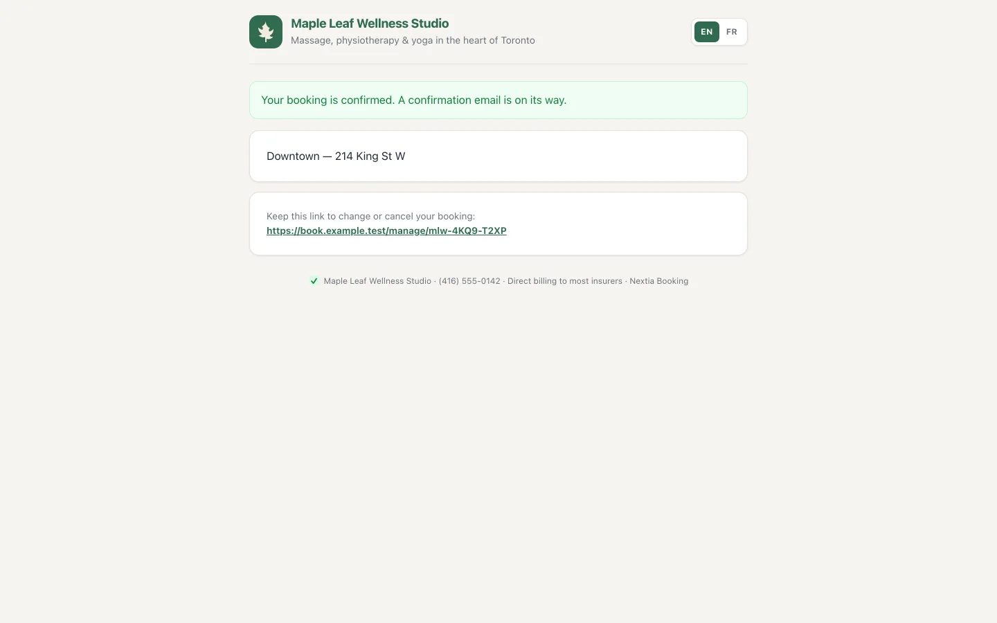 Booking confirmation page with the appointment time, location and a link to change or cancel