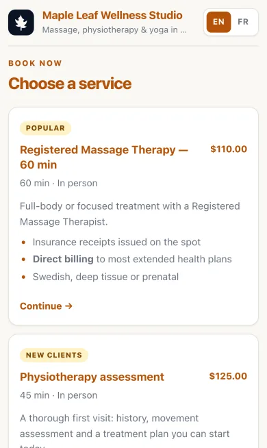Booking page in the Classic style on a phone
