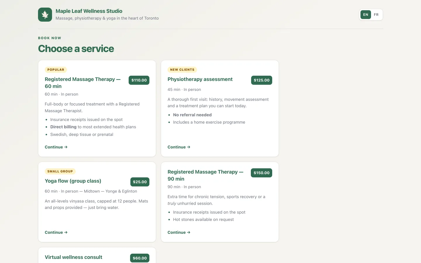 Booking page in the detailed style, with service cards and price labels