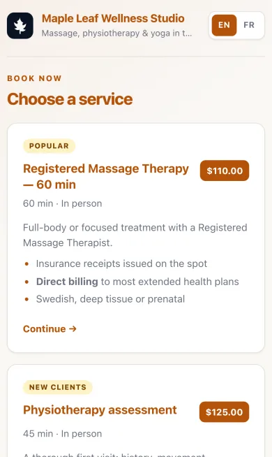Booking page in the Detailed style on a phone