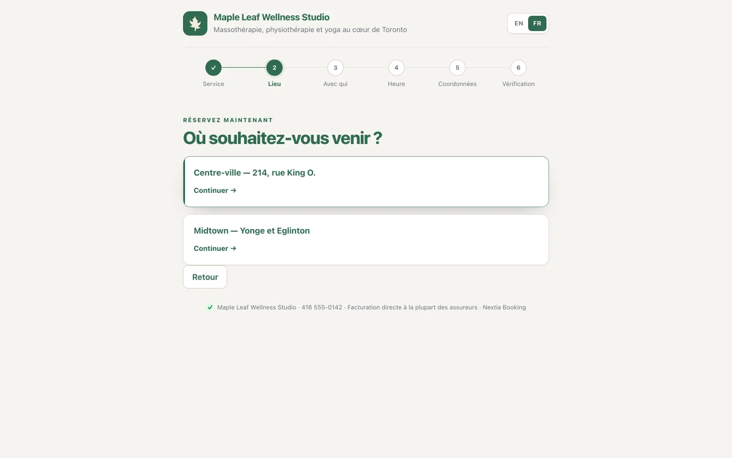 Étape de réservation demandant où le client souhaite venir, avec les emplacements Centre-ville et Midtown