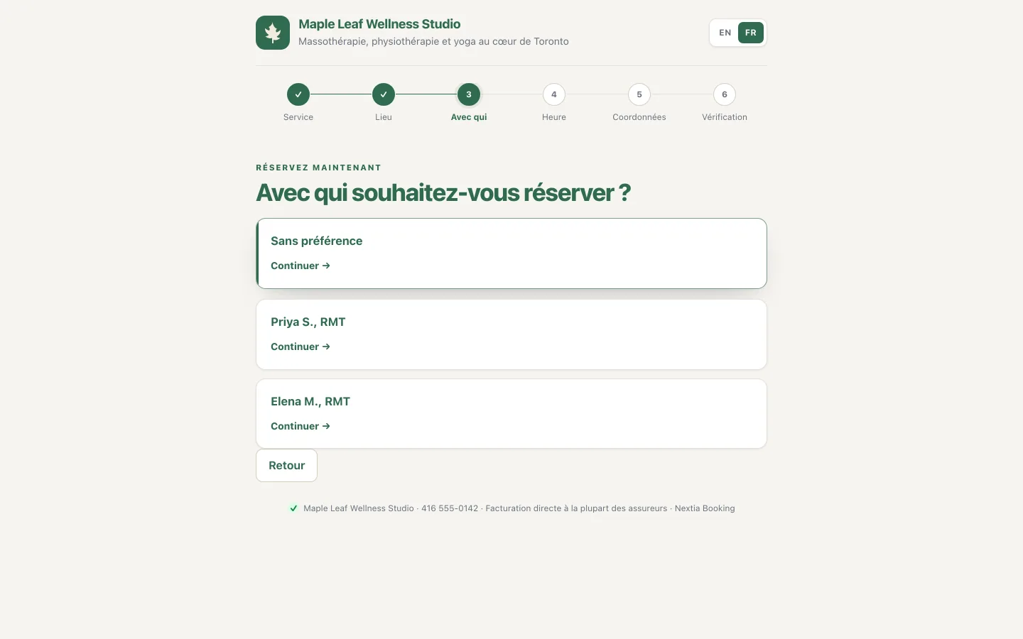 Étape de réservation demandant au client qui il souhaite voir, avec une option sans préférence