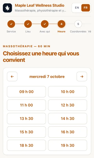La même page de réservation sur un téléphone, avec les heures disponibles pour le jour choisi