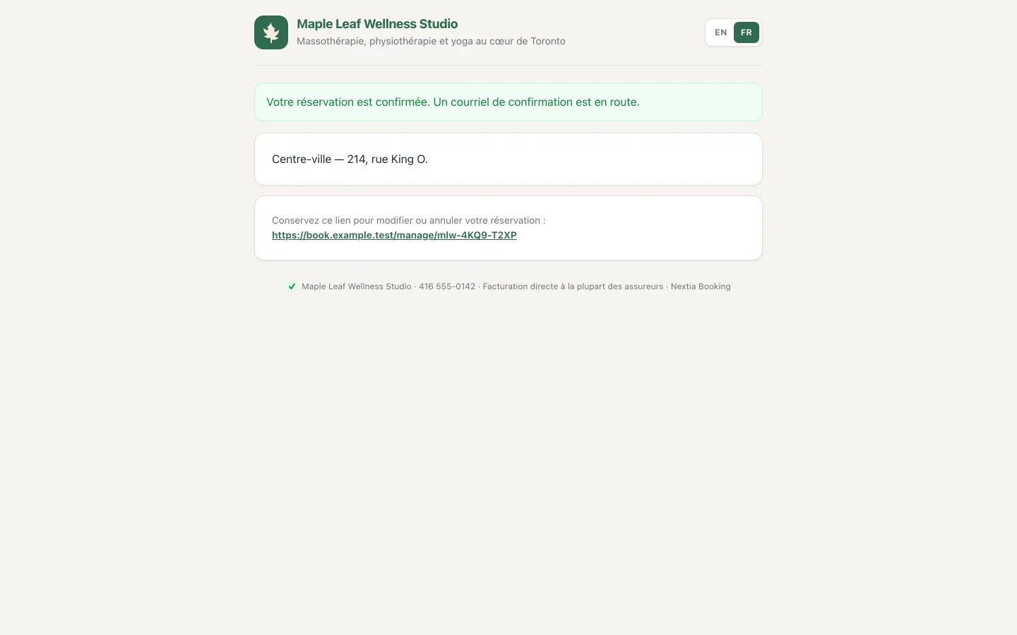 Page de confirmation de réservation avec l’heure, l’emplacement et un lien pour modifier ou annuler
