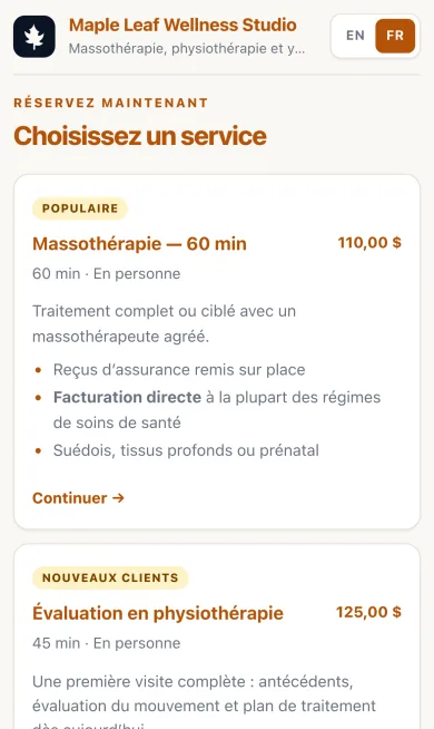 Page de réservation au style Classique sur un téléphone